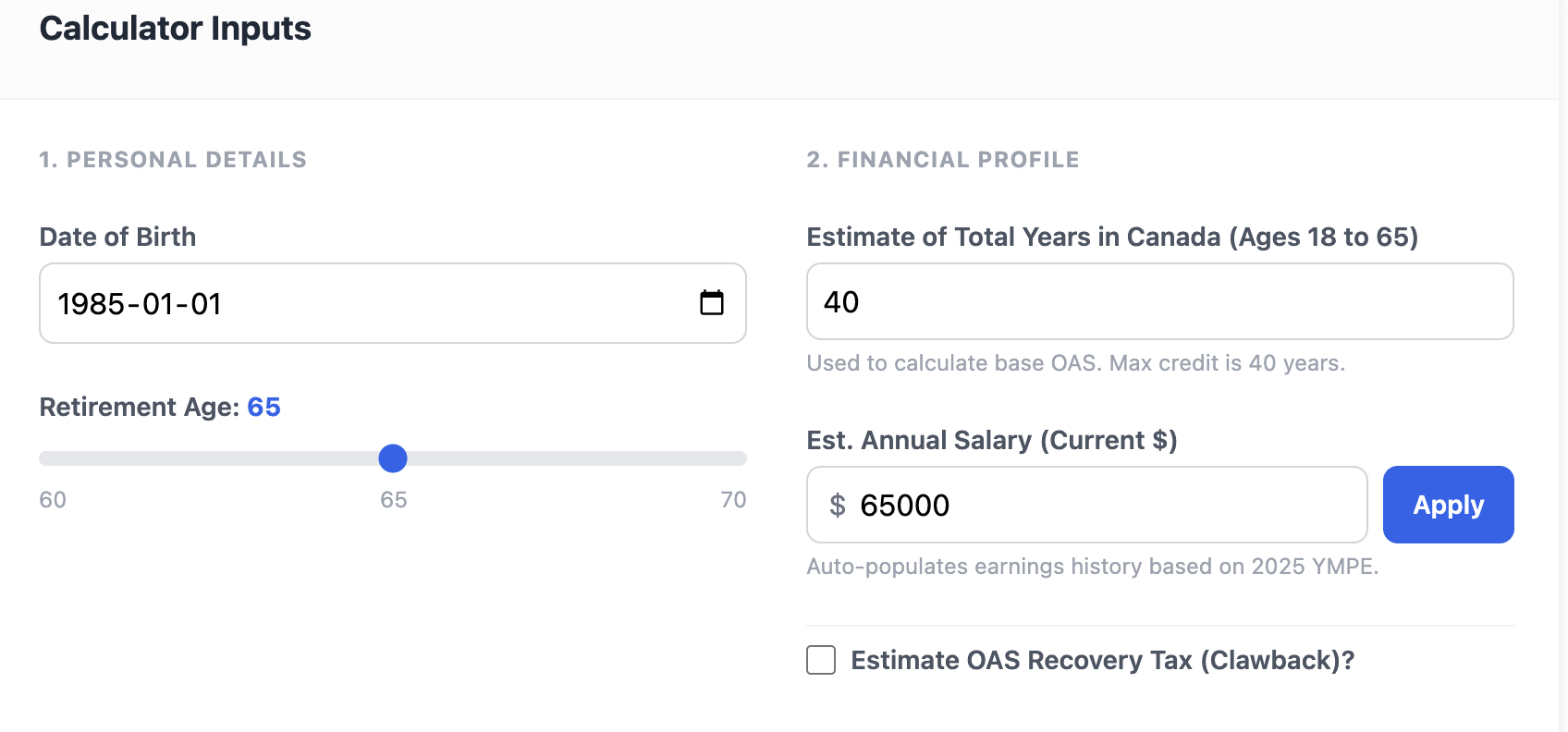 Screenshot of the personal details section of the calculator shows date of birth input and retirement age slider set to 65